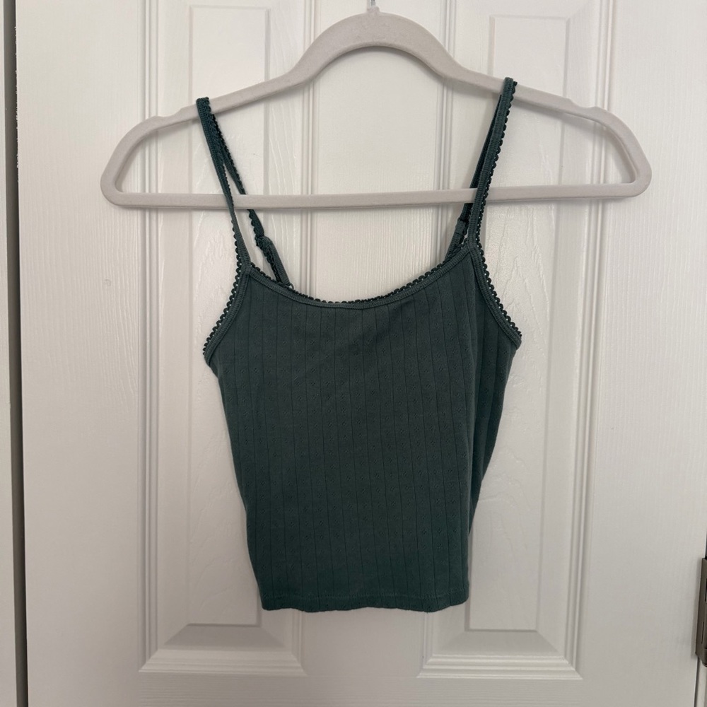 American Eagle Outfitters Dark Teal Ribbed Lace-Trim Cropped Cami